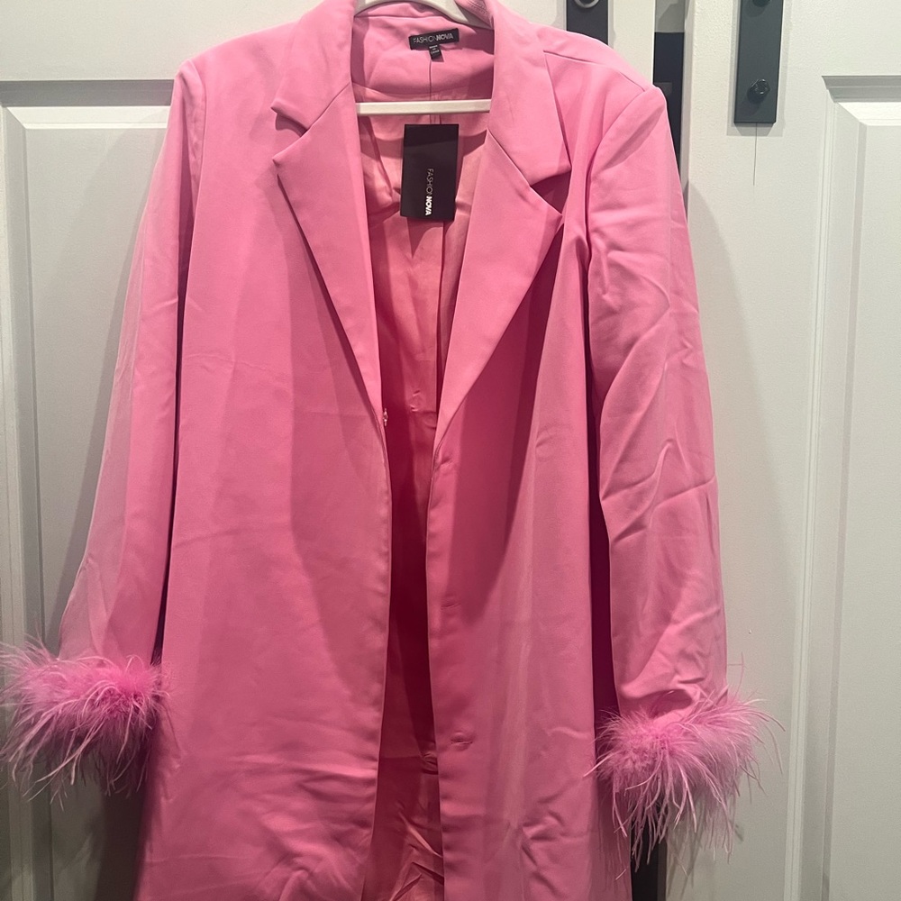 Pink Feather Cuff Blazer Dress